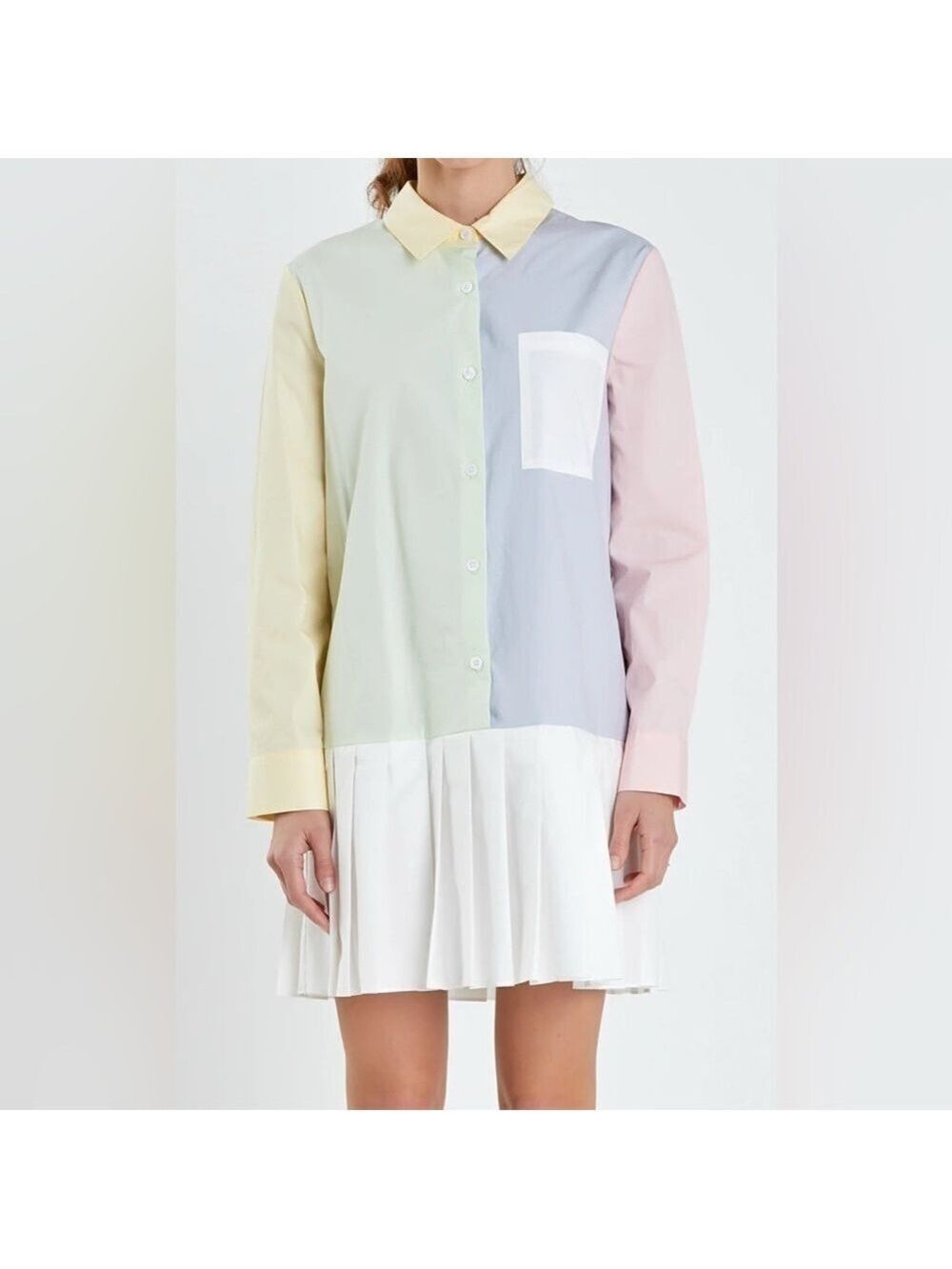 English Factory Colorblock Shirt Pleated Skirt Cotton Mini Dress Size XL